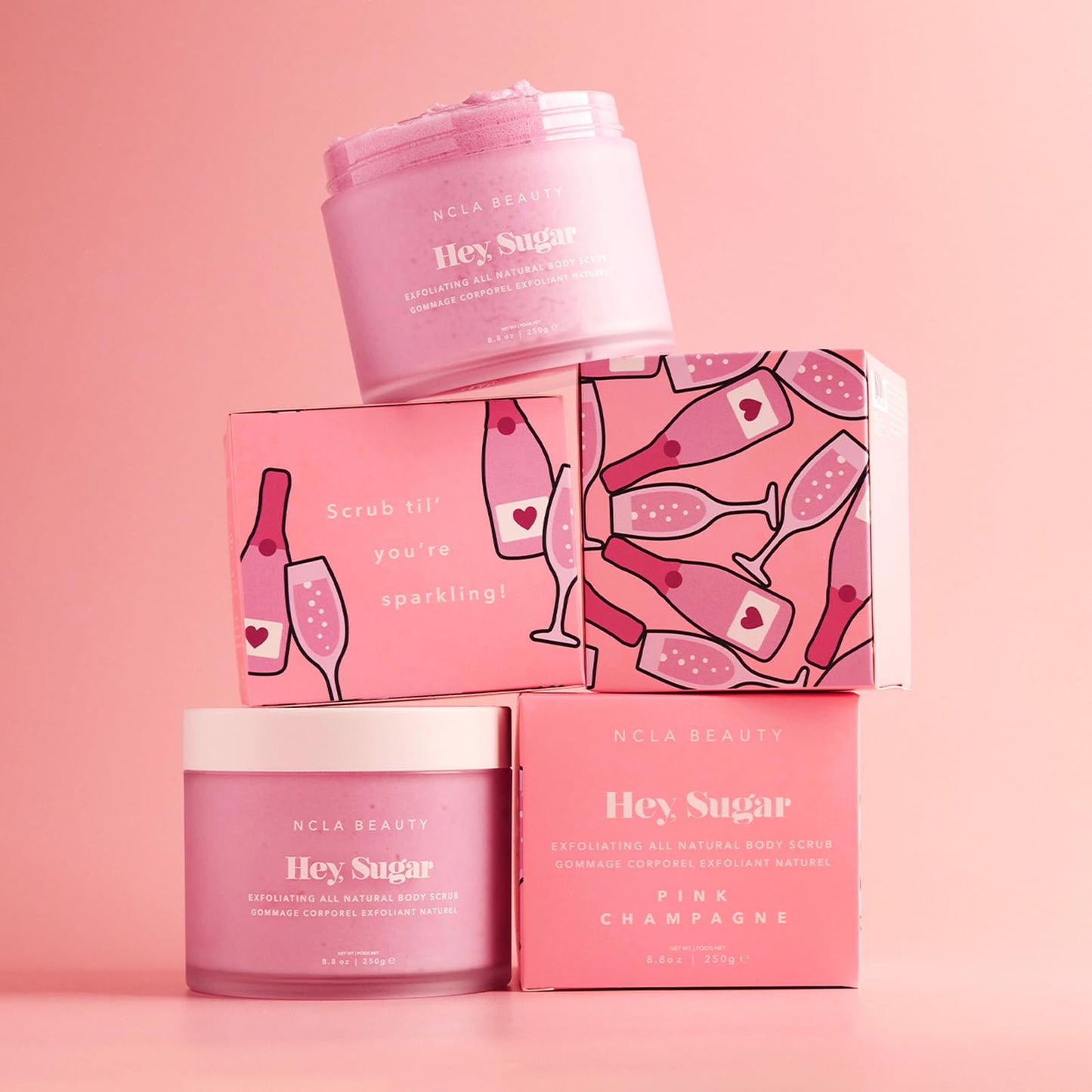 NCLA Beauty Hey Sugar All Natural Body Scrub - Moisturizing, Exfoliating Sugar Scrub - Shea, Cocoa, and Mango Butters - Pink Champagne - 8.8 oz