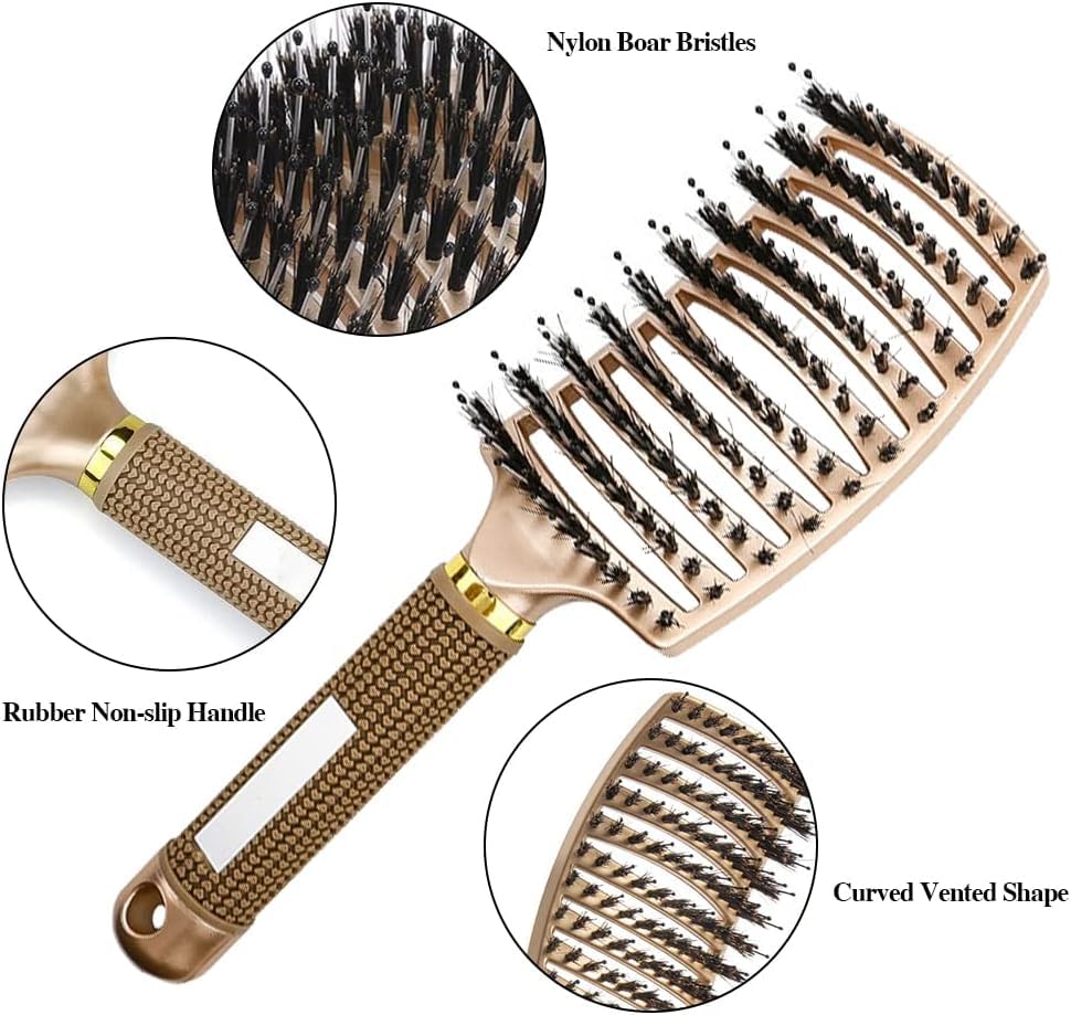 Curly Hair Brush Set - 8Pcs Round & Paddle Brushes for Women | Detangling Wet Long Thick Hair & Spray Bottle (Golden)