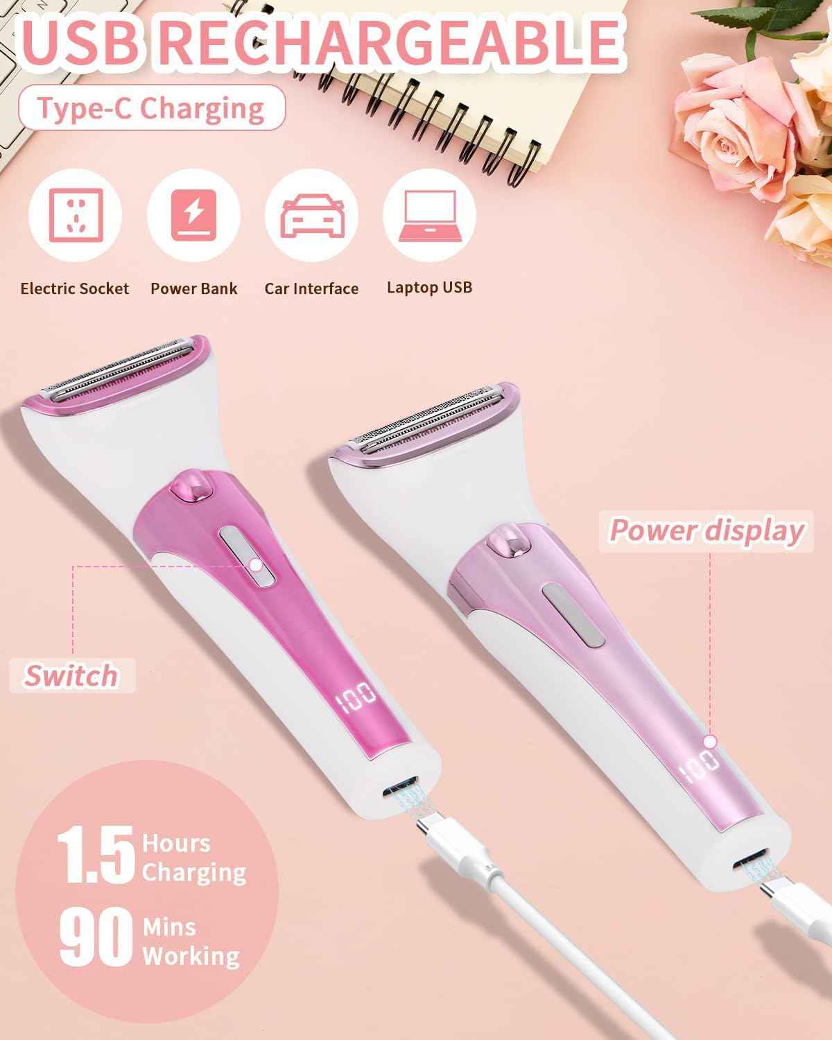 5 in 1 Bikini Trimmer for Women, Electric Razors for Women with LED Light & LCD Display, Wet/Dry Pubic Body Hair Trimmer, Waterproof Easy Cleaning Body Shaver Bikini Razor with 5 Trimmer Heads