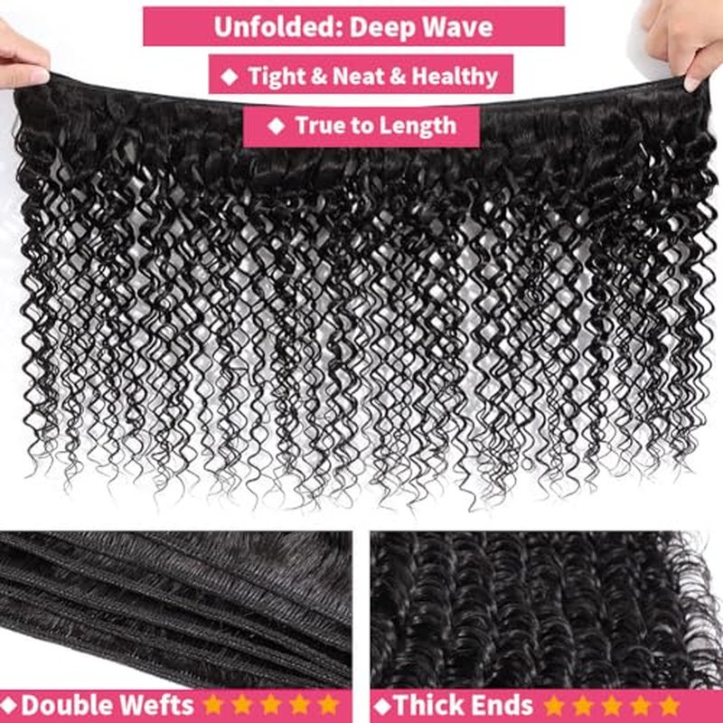 12A Deep Wave Bundles Human Hair 18 20 22 Inches, 100% Unprocessed Indian Human Hair Bundles Wet and Wavy Raw Virgin Hair Curly Weave 3 Bundles Deal (Natural Color, 18 20 22 Inches)