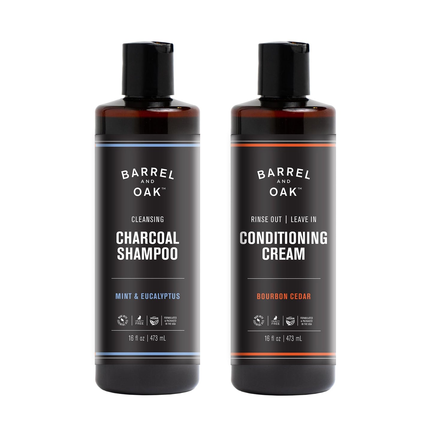 Barrel and Oak Shampoo and Conditioner Set, Mint and Eucalyptus Charcoal Shampoo and Bourbon Cedar Rinse-Out Leave In Conditioner for Men, Vegan Hair Care Essentials, 16 oz Each