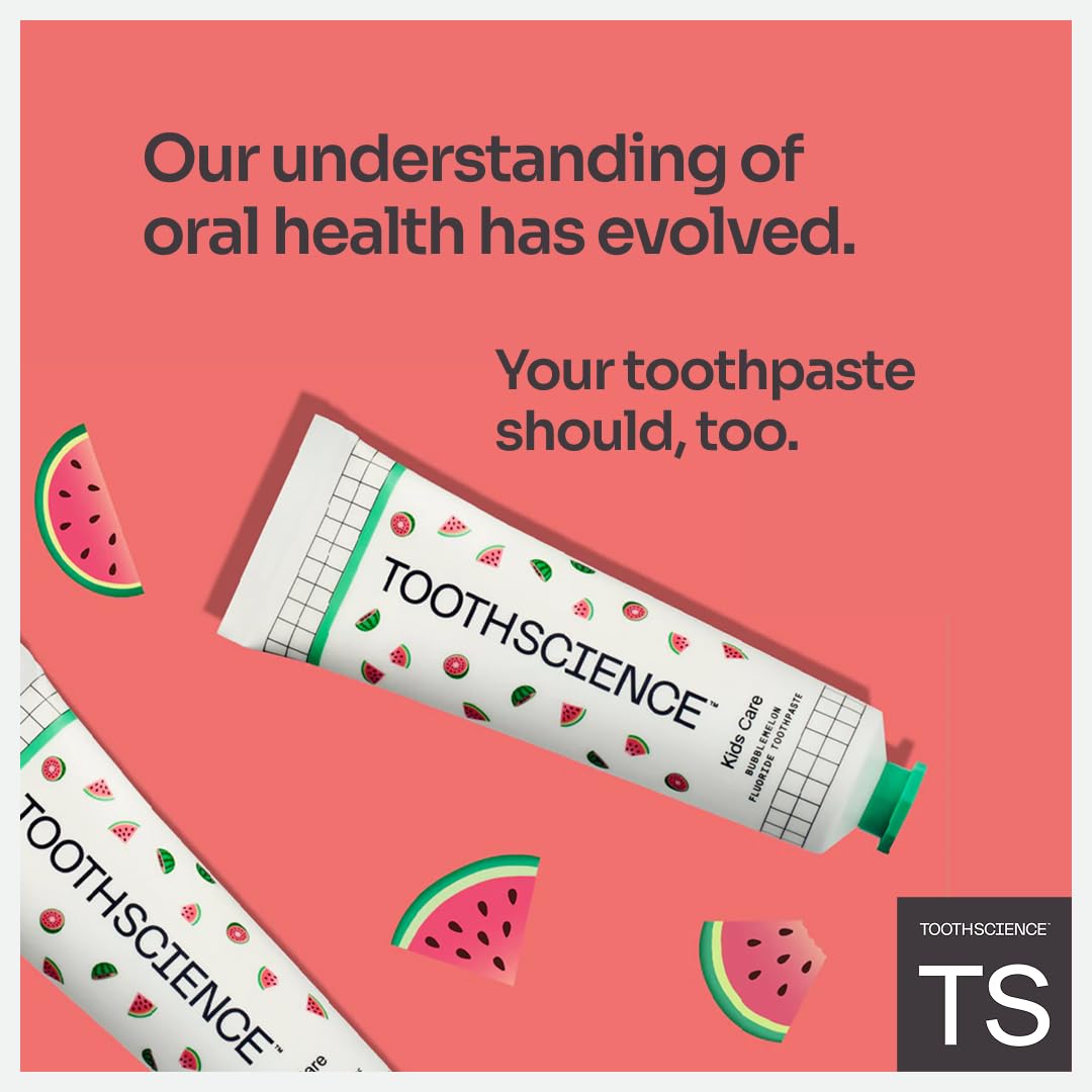 ToothScience Kids Care Toothpaste – 4-in-1 Fluoride Toothpaste for Kids, Naturally Flavored Bubblemelon, Free of Dyes, Alcohol & SLS/SLES (3.4 oz)