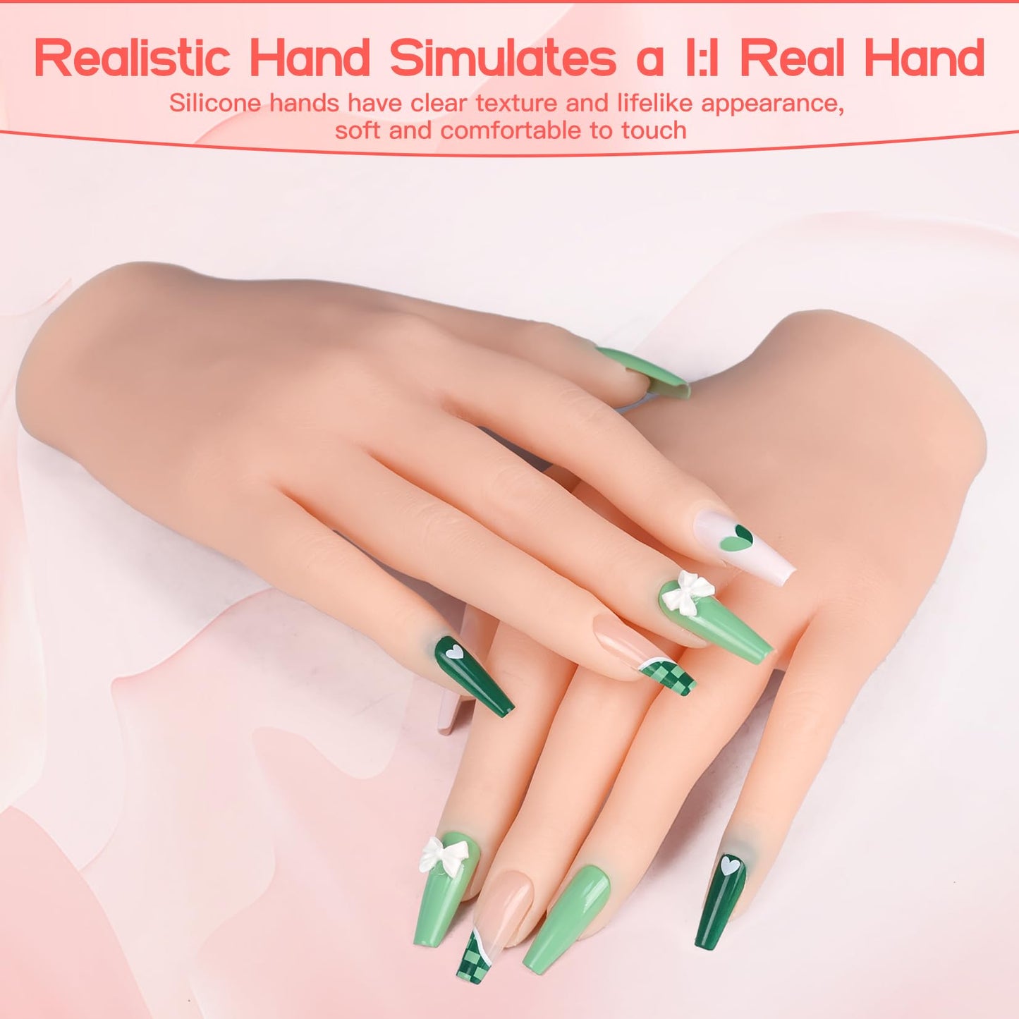Vnmcry Practice Hand for Acrylic Nails Silicone Fake Hands Mannequin Flexible Bendable Manicure Nail Practice Hand with Stand and 528 Pcs Nail Tips