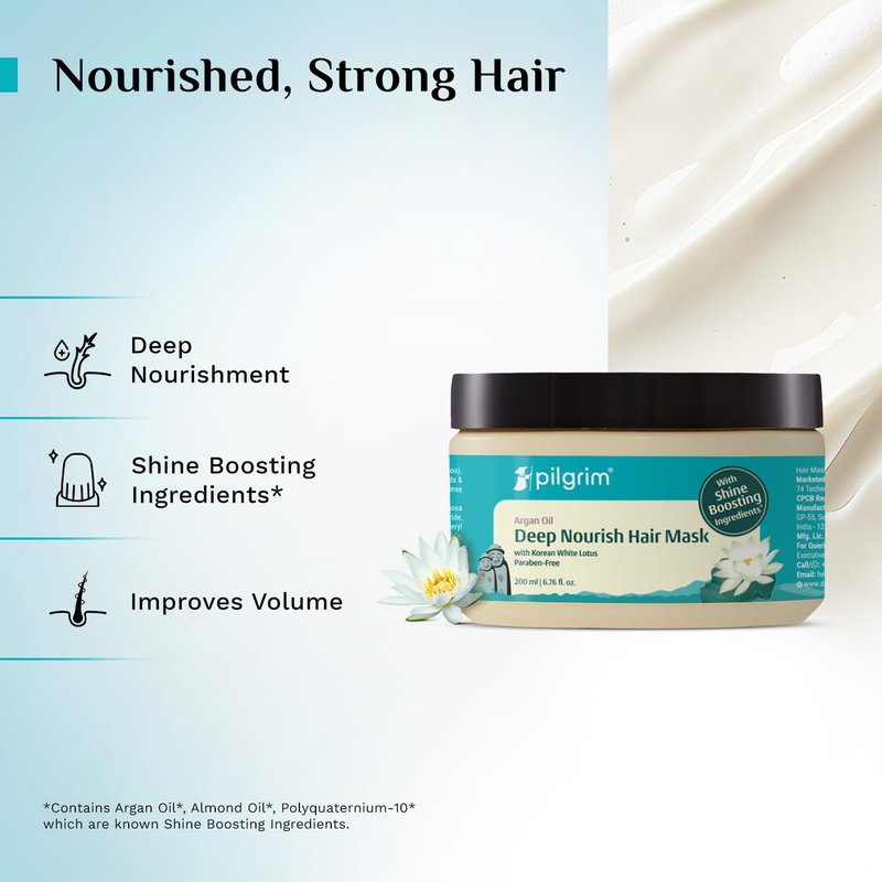 Pilgrim Korean Argan Oil Hair Mask with White Lotus & Camellia | Deep Conditioning & Hydrating for Dry Damaged Hair | Strengthen, Repair & Fights Hair Fall | 6.76 Fl Oz (200ml)