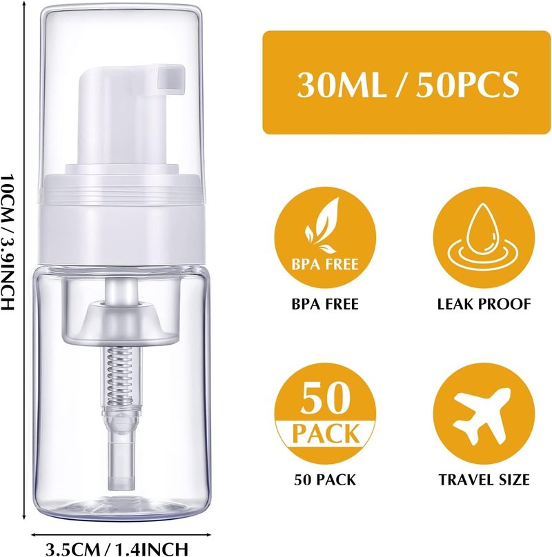 Foam Pump Dispenser 1oz | 50 Pack Refillable Travel Size Bottles for Lash Shampoo & Cosmetics