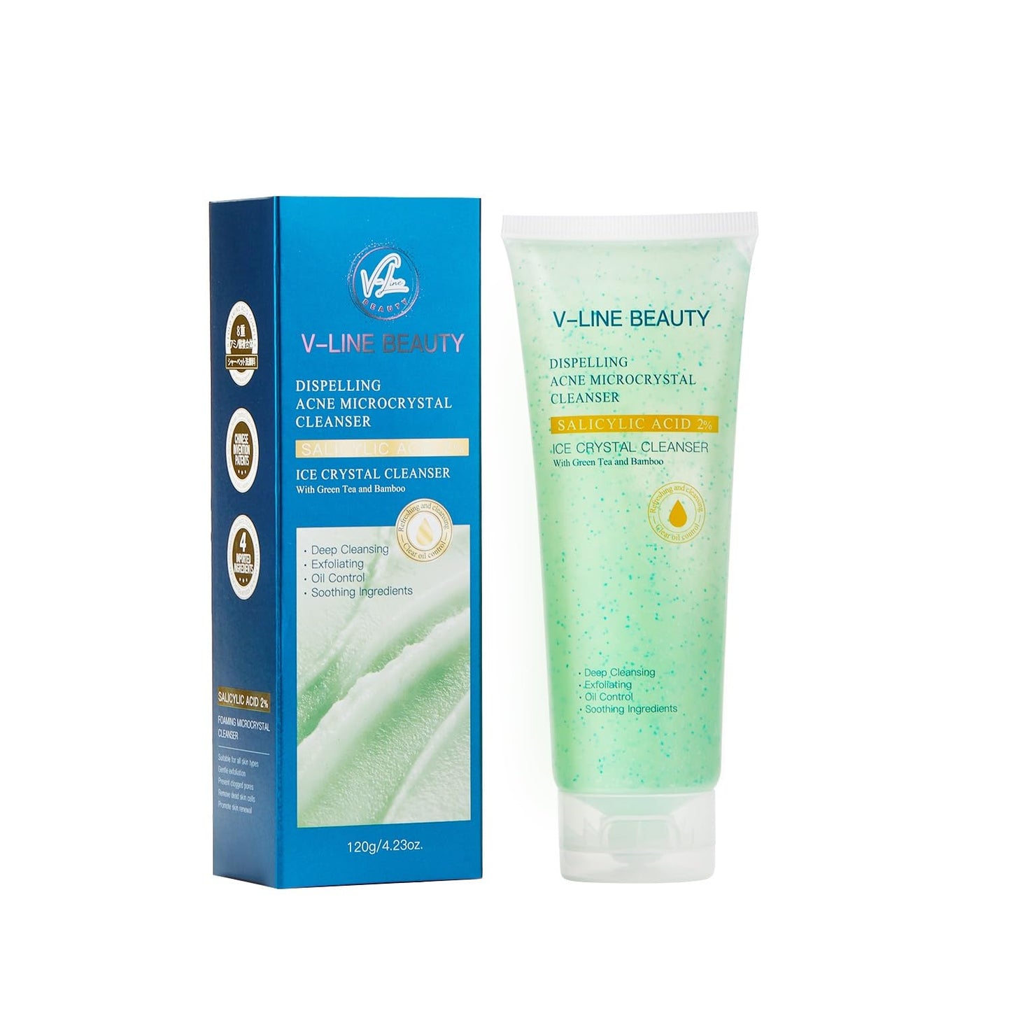 V-Line Beauty Microcrystal Gentle Cleansing Facial Gel Scrub for Oily Skin, 2% BHA + Glycerin + Green Tea + Bamboo, Soothing, Hydrating and Help Clear, Suitable for Sensitive Skin