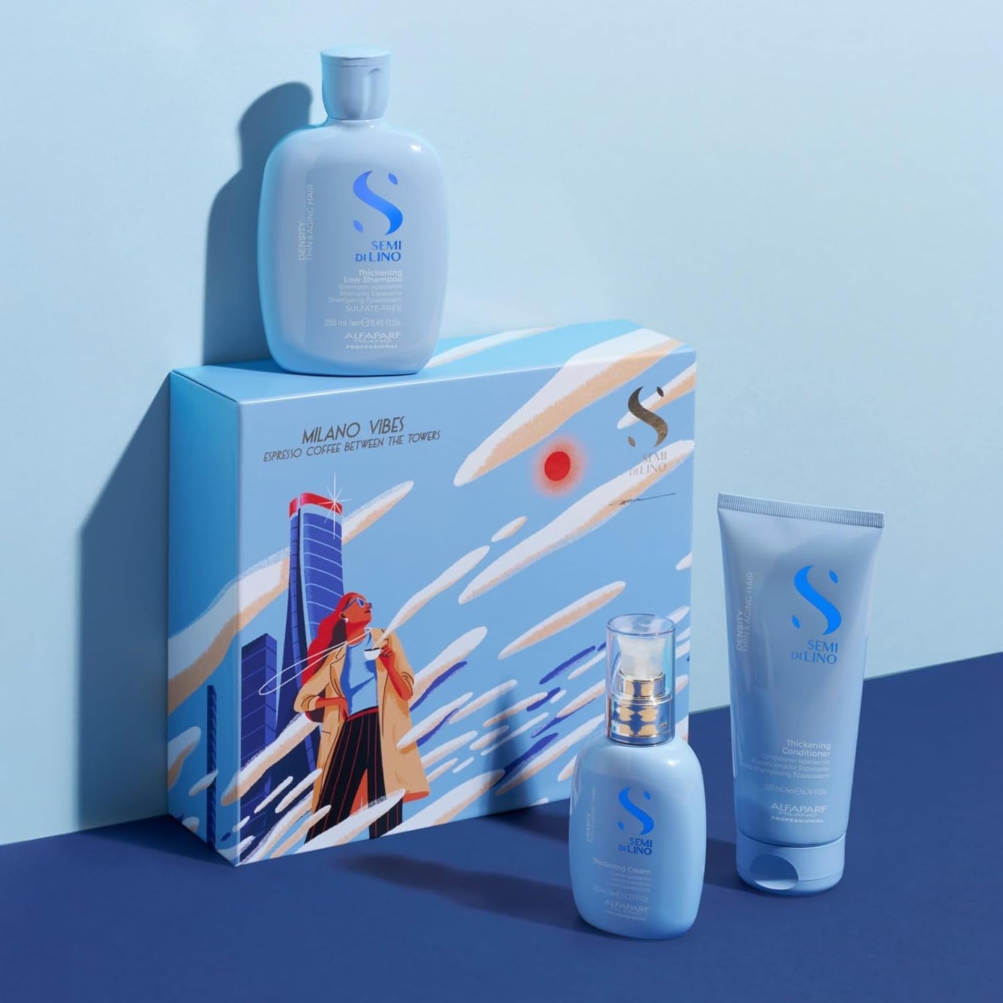 Alfaparf Milano Semi di Lino Density Gift Set | Thickening Shampoo, Conditioner & Leave-In Cream for Thin, Aging Hair - Sulfate Free