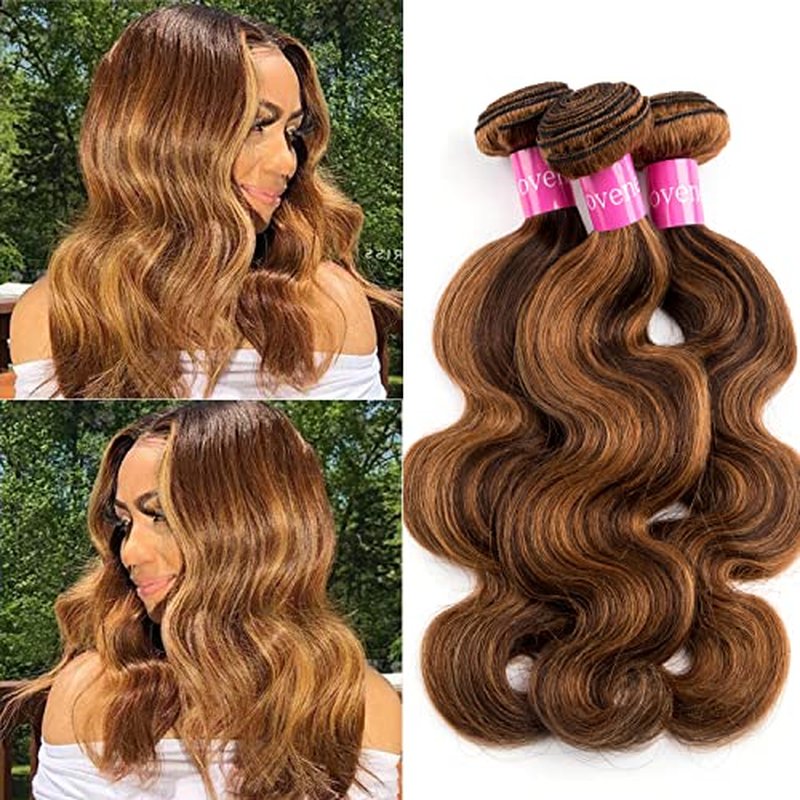 Highlight Body Wave Human Hair Bundles Brazilian Body Wave 3 Bundles 12+14+16 inch 10a 100% Brazilian Virgin Human Hair Bundles Piano Color 4/27 (12 14 16, P4/27)