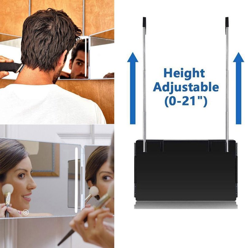 3 Way Mirror for Hair Cutting - LED 360° Trifold with Adjustable Height & 5X Magnification | Black