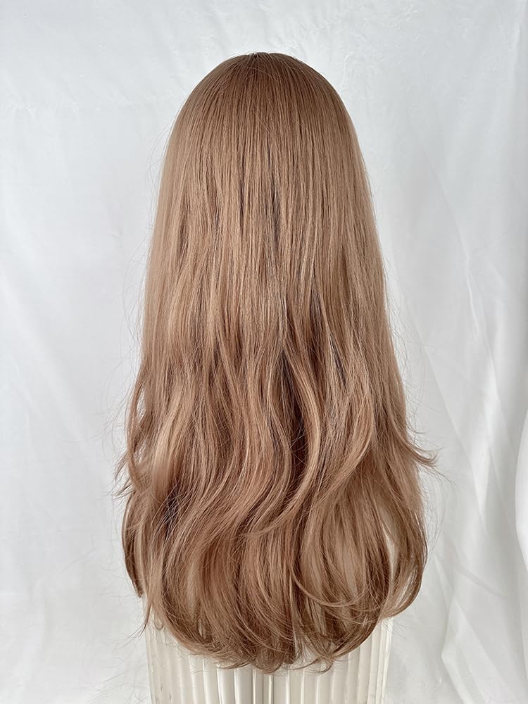 huafan luxkazya Milk Tea Brown Long Wig with Bangs Long Wavy Wig for Women Realistic Wigs Synthetic Wigs for Women Daily Use