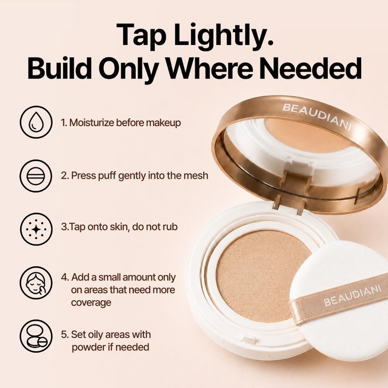 BEAUDIANI Mesh Glow Cushion Foundation, Korean Cushion Makeup Compact with Puff, Lightweight Buildable Coverage, Dewy Skin-Like Finish, Hydrating Formula, 12g, #1 Light Natural Daily (#21)