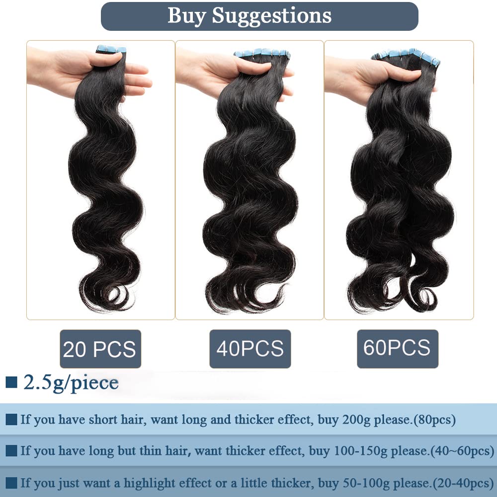 Tape in Hair Extensions Human Hair Body Wave Real Human Hair for Black Women Skin Weft Adhesive Glue in Extensions 14Inch 20 PC 50G/Set Double Sided Tape in Extensions 40-60 PCS Suggested