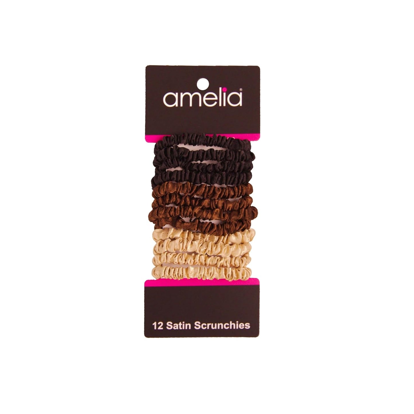 Amelia Beauty, Black, Skinny Satin Scrunchies, 12 Pack – 2in Diameter, Gentle & Strong Hold, No-Snag, No-Dent, Crease-Free Hair Ties