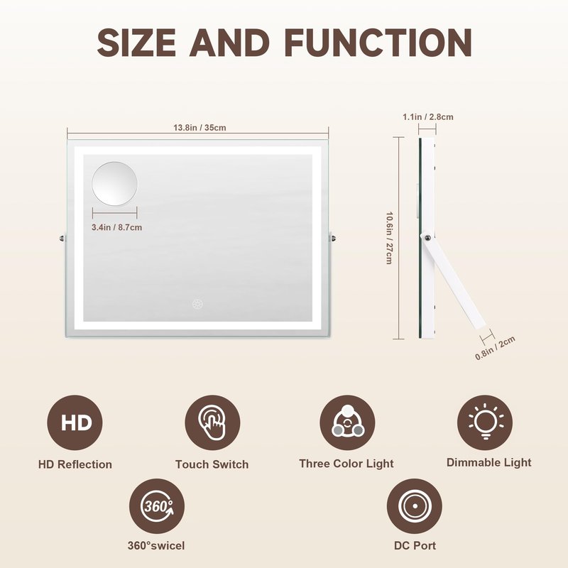 MINISO Vanity Mirror with Lights, 11.4" x 13.8" LED Makeup Mirror, Light & Brightness Adjustment, Smart Sensor, Aluminum Alloy Metal White Frame, with 5X Magnifying Glass