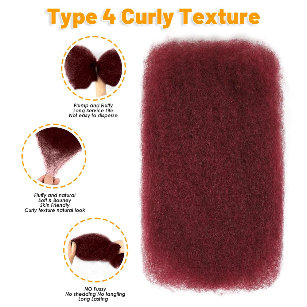 Burgundy Afro Kinkys Bulk Human Hair for Dreadlocks Extensions and Locs Repair 1 Pack 50 Gram 99J Afro Kinky Curly Human Hair Bulk for Twist (99J, 12 Inch)