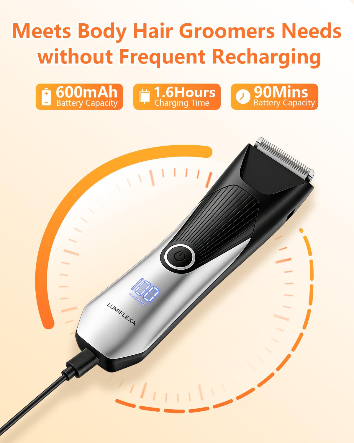 Lumiflexa Body Hair Trimmer, LED Display, 6500 RPM Motor Manscaper for Men, 3 Adjustable Combs, USB & Dock Charging, IPX7 Waterproof Body Hair Groomers, Wet or Dry Use for Groin/Legs/Chest