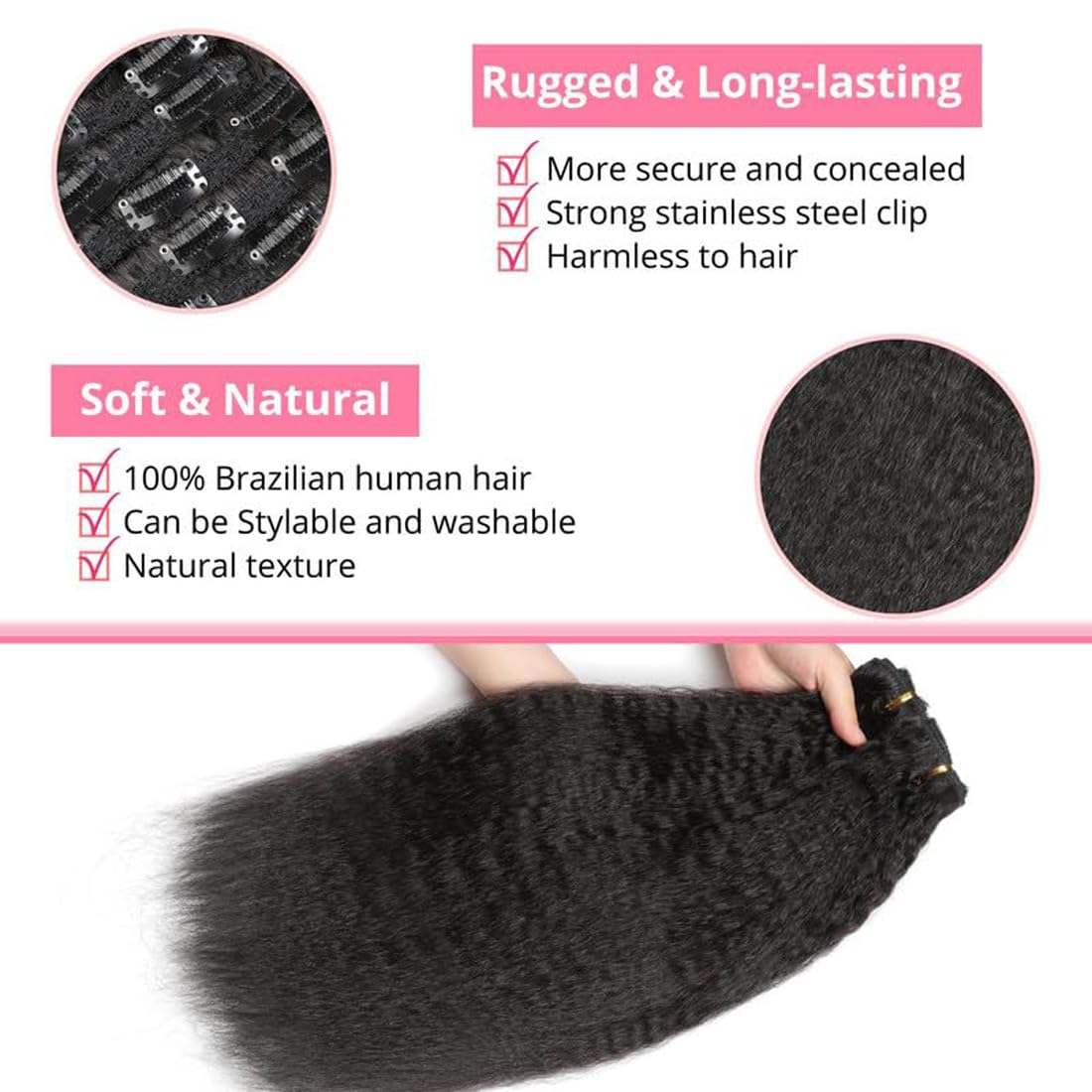 ShowJarlly Clip in Hair Extensions Real Human Hair 12 Inch Kinky Straight Clip Ins 8 Pcs Brazilian Remy Hair Extensions for Women Natural Black