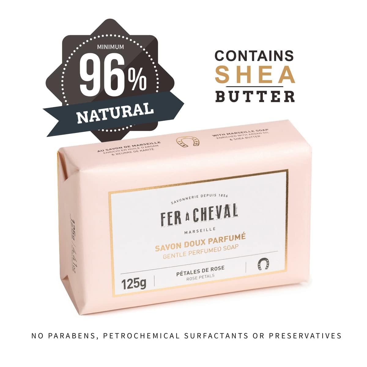 Fer à Cheval Gentle Perfumed Soap Bars, Organic Body Bath Soap, Moisturizing Natural Bar Soap for Men and Women, 125 g/4.41 oz, Pack of 2 - Rose Petal