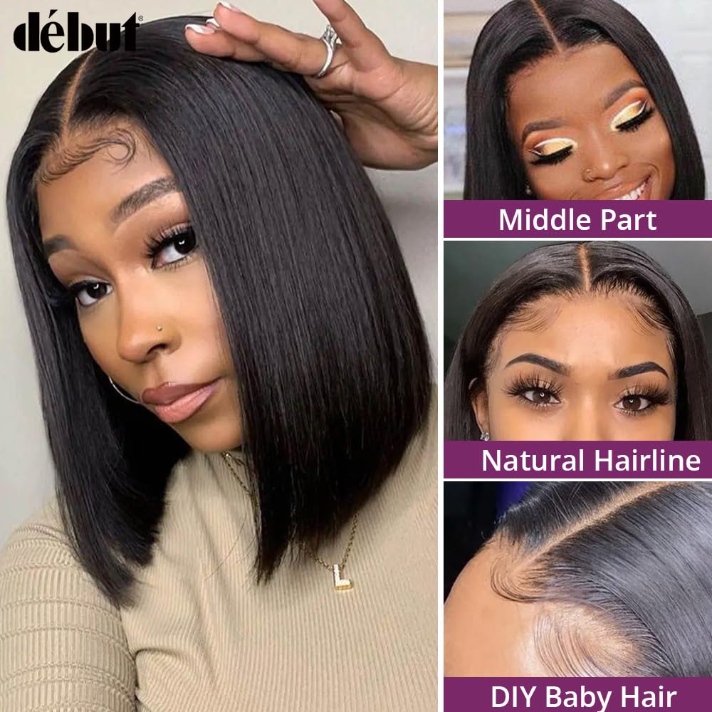 DÉBUT Human Hair Bob Wig 13x4x1 T Part Lace Front Wigs Short Bob 8 Inches Middle Part Wigs Brazilian Virgin Straight Hair Natural Color for Black Women