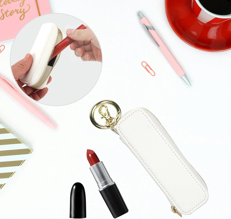 Leather Lipstick Case Holder - Zipper Lip Balm & Gloss Pouch for Purse | Makeup Travel Organizer (White)