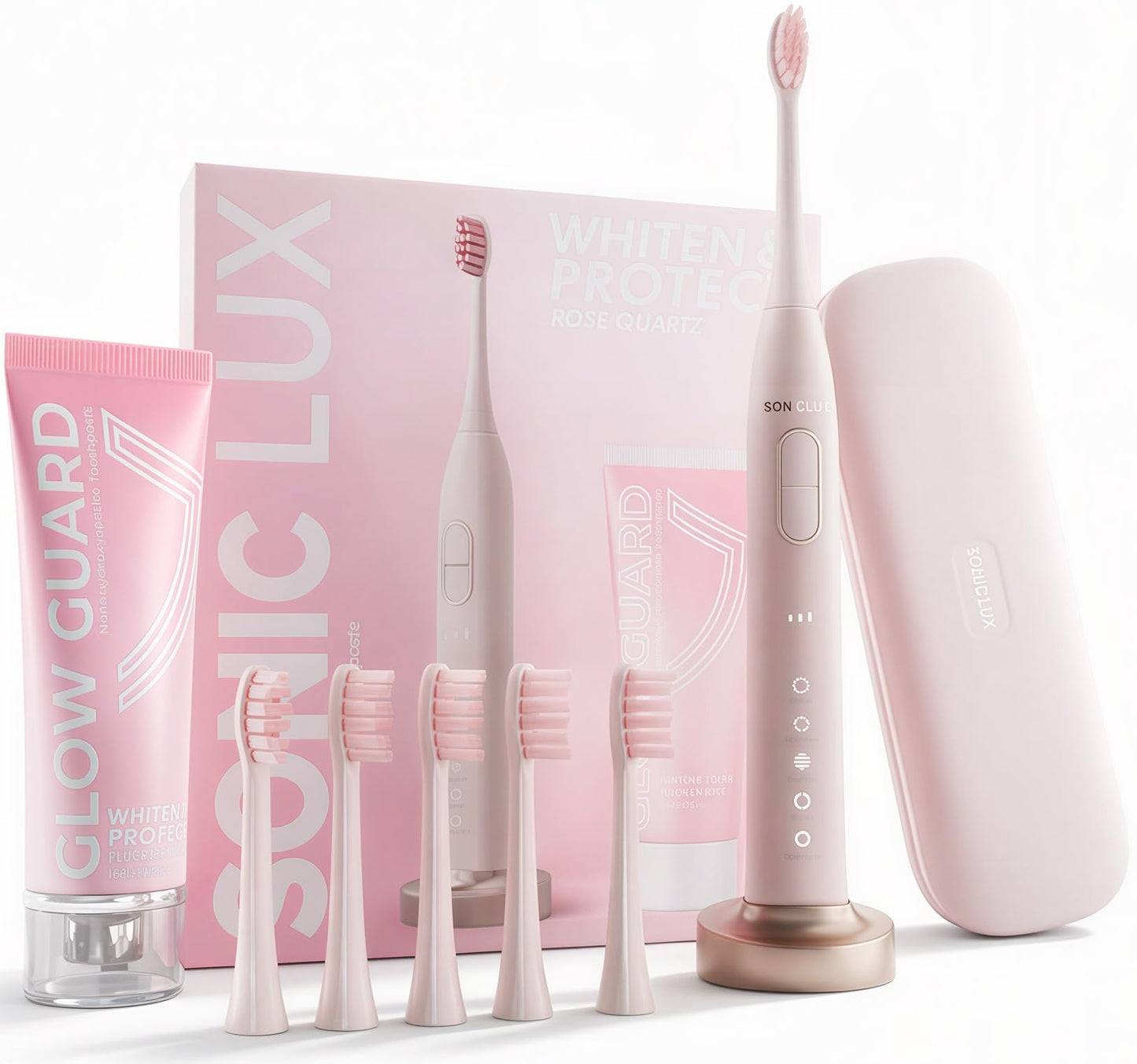 SMILE NOVA Sonic Lux™ Pink Electric Toothbrush for Adults – Luxury Rechargeable Sonic Electric Toothbrush with Travel Case with GlowGuard Nano-Hydroxyapatite Whitening Toothpaste & 6 Brush Heads