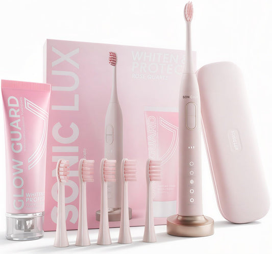 SMILE NOVA Sonic Lux™ Pink Electric Toothbrush for Adults – Luxury Rechargeable Sonic Electric Toothbrush with Travel Case with GlowGuard Nano-Hydroxyapatite Whitening Toothpaste & 6 Brush Heads