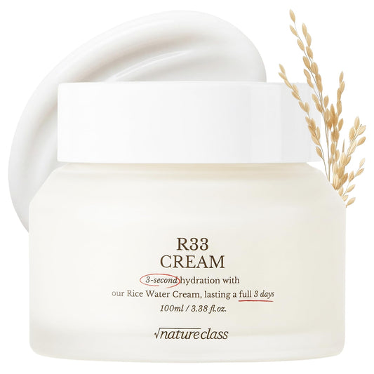 NATURECLASS R33 Rice Face Moisturizer Korean Skincare Glass Skin Squalane Niacinamide Hyaluronic Acid Barrier Cream Night Cream Dry Sensitive Skin Fragrance Free 100ml 3.38 fl oz