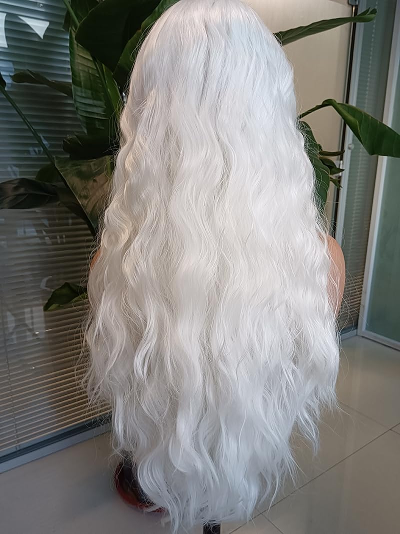 RONGDUOYI RDY 24" White Lace Front Synthetic Wig Loose Water Wave Heat Fiber Hair Natural Looking Long Wavy Lace Front Wigs for Women Half Hand Tied Wig Cosplay Daily Use Hair
