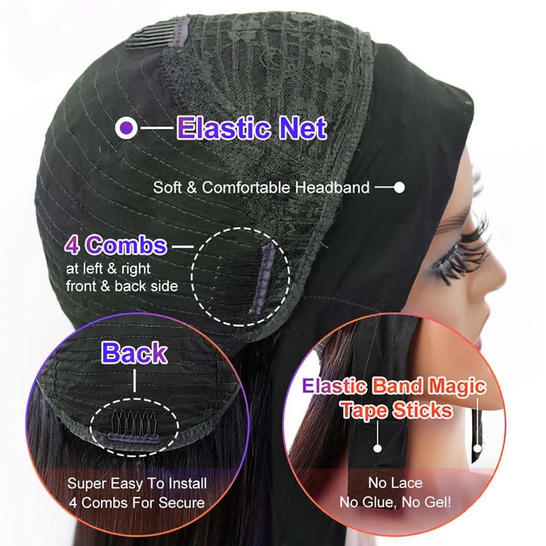 Unvizossa Headband Wig Human Hair 14 Inch Straight Headband Wigs for Black Women Glueless Straight None Lace Front Wig Human Hair Machine Made Wigs Natural Black 150% Density