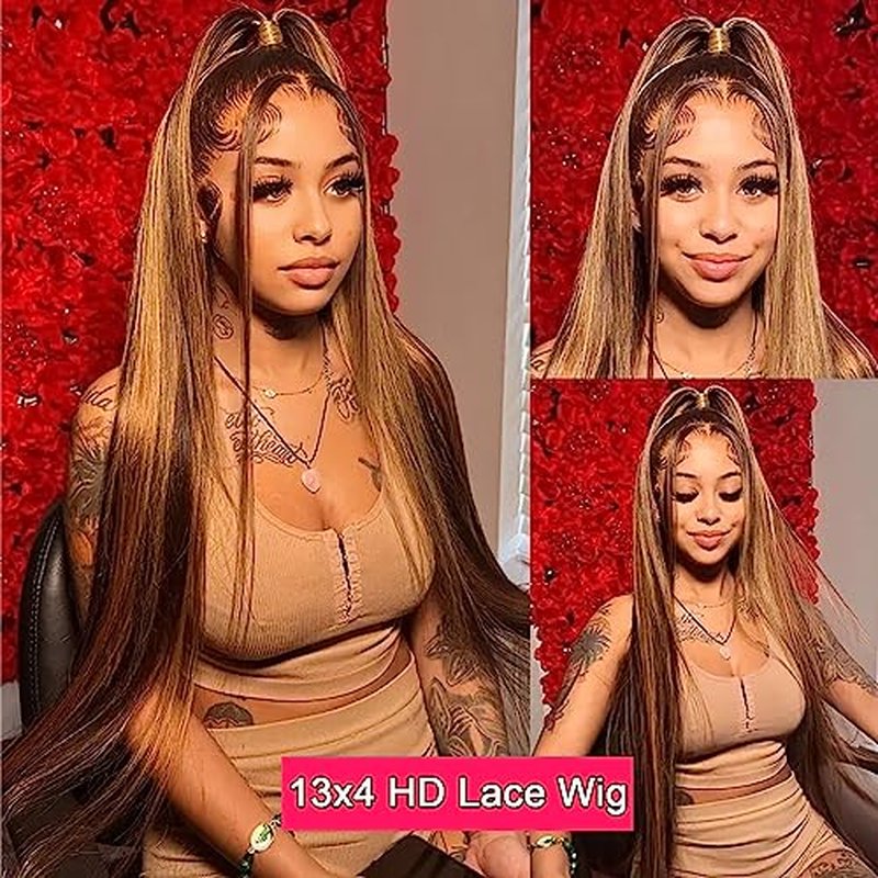 Highlight 13x4 Lace Front Wigs Human Hair Ombre 4/27 Colored Honey Blonde Lace Front Wigs Pre Plucked with Baby Hair 180% Density Straight Human Hair Lace Front Wigs For Women (26 Inch)
