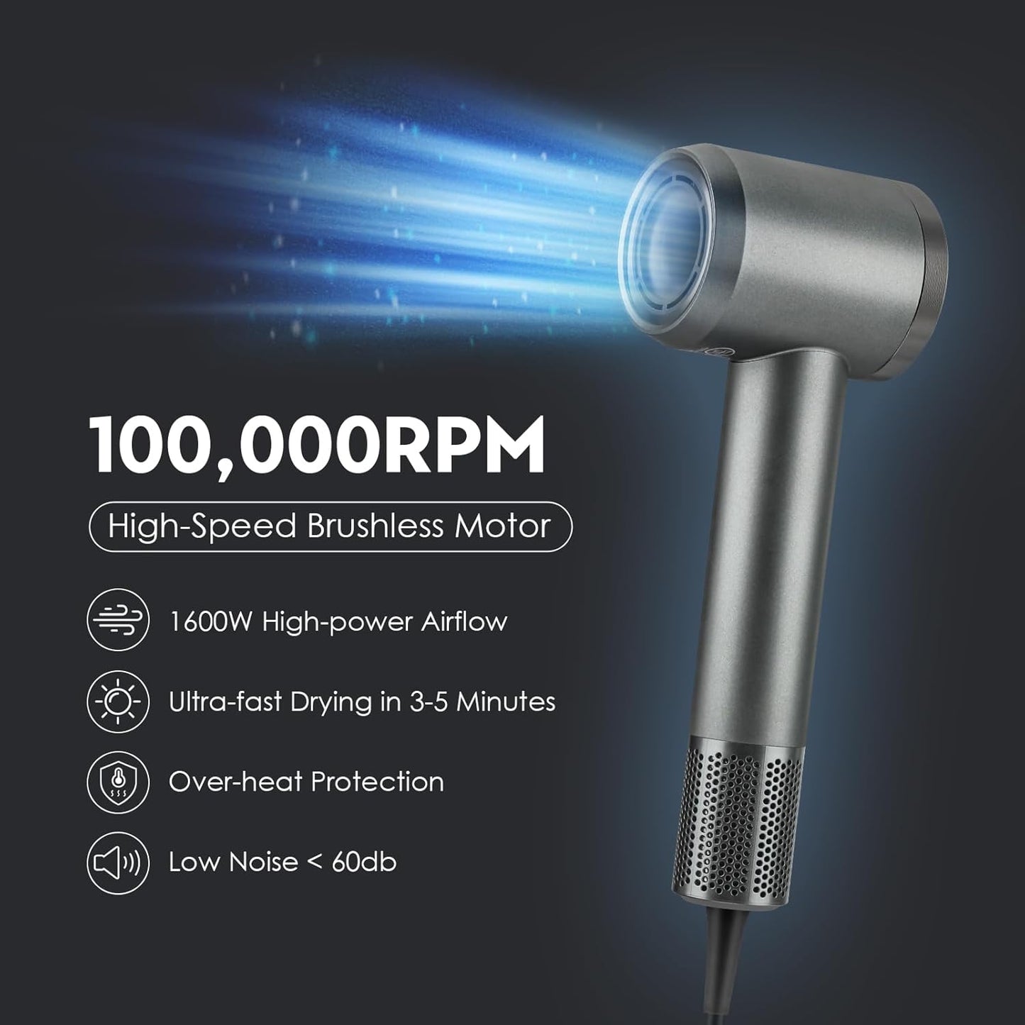 High-Speed Hair Dryer - Negative Ionic Technology for Fast Drying | Lightweight & Low Noise, Gray