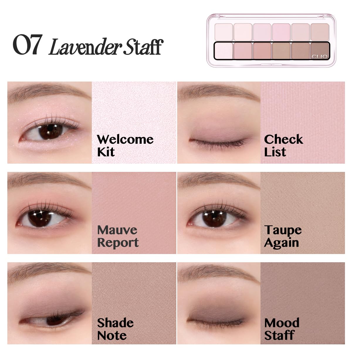 CLIO Pro Eye Palette Air, 12-Color Eye Shadow Palette, Matte Shimmer Mix, Air-Fit Blendable Pigmented Buildable Color, Low Fallout, Cool Mauve Neutral Tone, Daily Korean Makeup (07 LAVENDER STAFF)