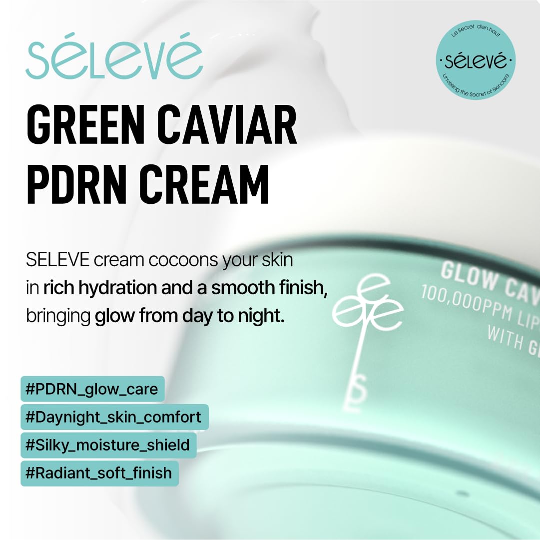 SELEVE Glow Caviar Cream – Hydrating & Glow Face Cream with Green Caviar Liposomal PDRN, Niacinamide, Ferulic Acid – For Sensitive & Dry Skin, Korean Skin Care (1.69 fl.oz / 50ml)