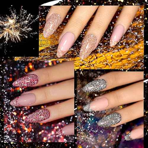 RARJSM Reflective Glitter Gel Nail Polish Set 6 Colors Sparkle Sliver Champagne Gold Pink Orange Black Red Rainbow Sequins Gel Nail Polish Soak Off U V Diamond Gelpolish DIY Salon Manicure at Home