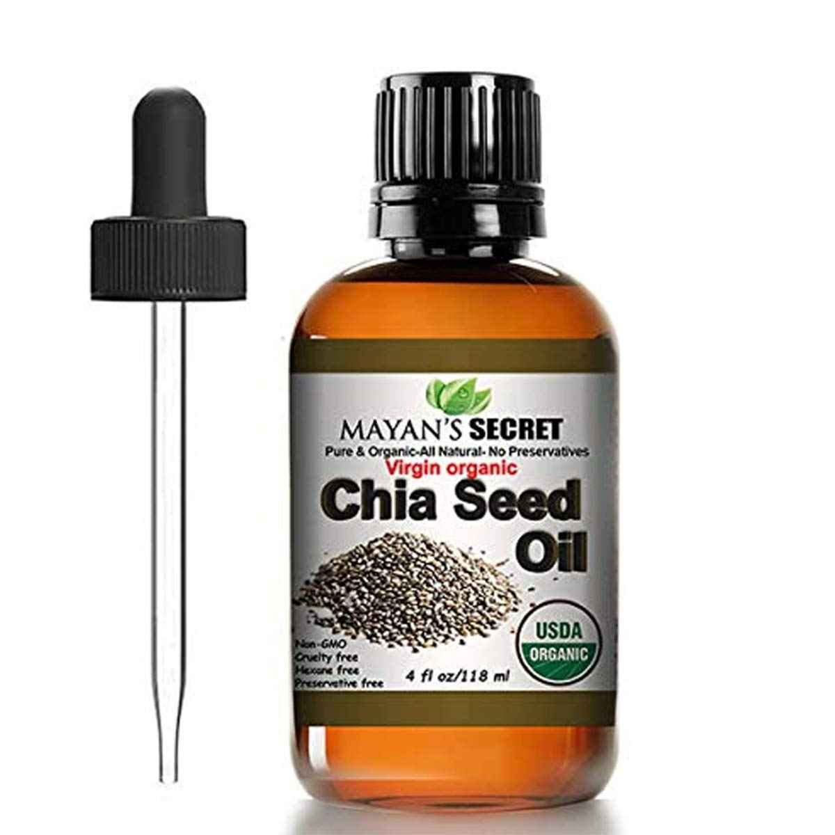 Mayan's Secret Chia Seed Oil, USDA Certified Virgin Organic,100% Pure & Natural, Cold Pressed Virgin, Unrefined in Amber Glass Bottle w/Glass Eyedropper for Easy Application (4 oz /118 ml)