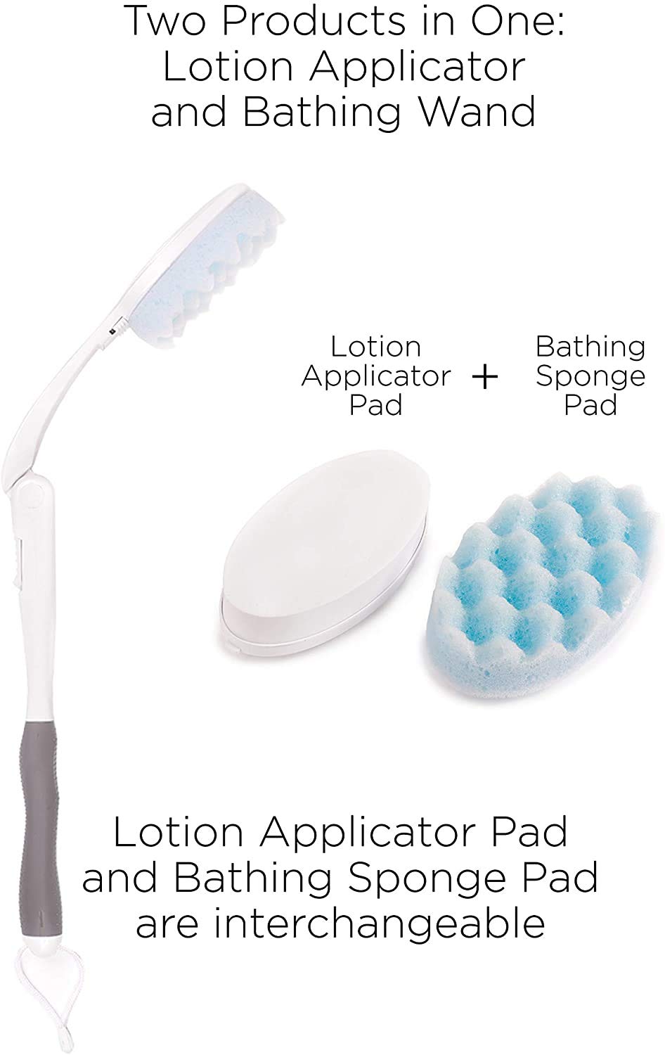 Juvo Premium All-in-One Bathing Wand and Lotion Applicator, 23" Long Reach Handle, Adjustable, Includes Bath Sponge and Lotion Pad (BWLA01)