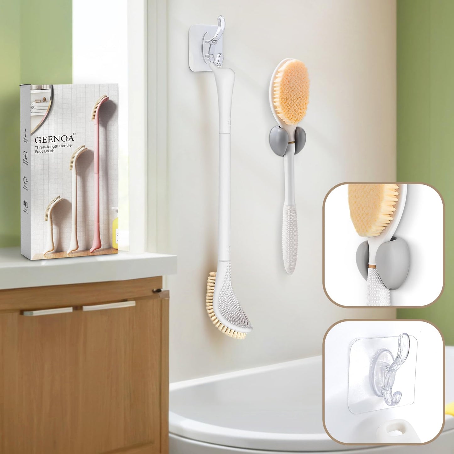 GEENOA New Foot Brush & Back Scrubber Set 2PCS, 10.2''- 27.5'' Adjustable Foot Scrubber for Shower, 18.9'' Shower Back Scrubber with 3-Length Usage, Great Aid for People with Limited Mobility(White)