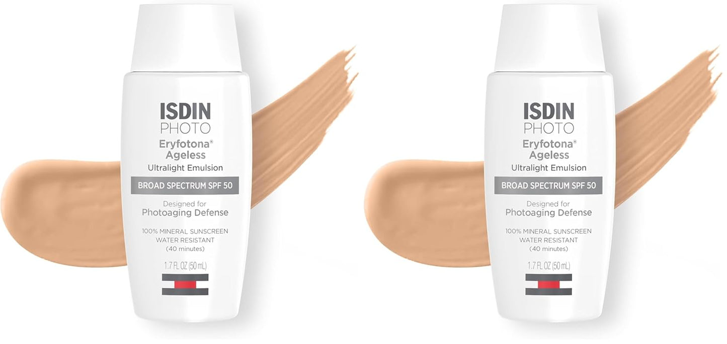 ISDIN Eryfotona Ageless Tinted Mineral Sunscreen SPF 50 - Anti-Aging Face Sunscreen with Zinc Oxide & Vitamin E | Universal Tint, No White Cast