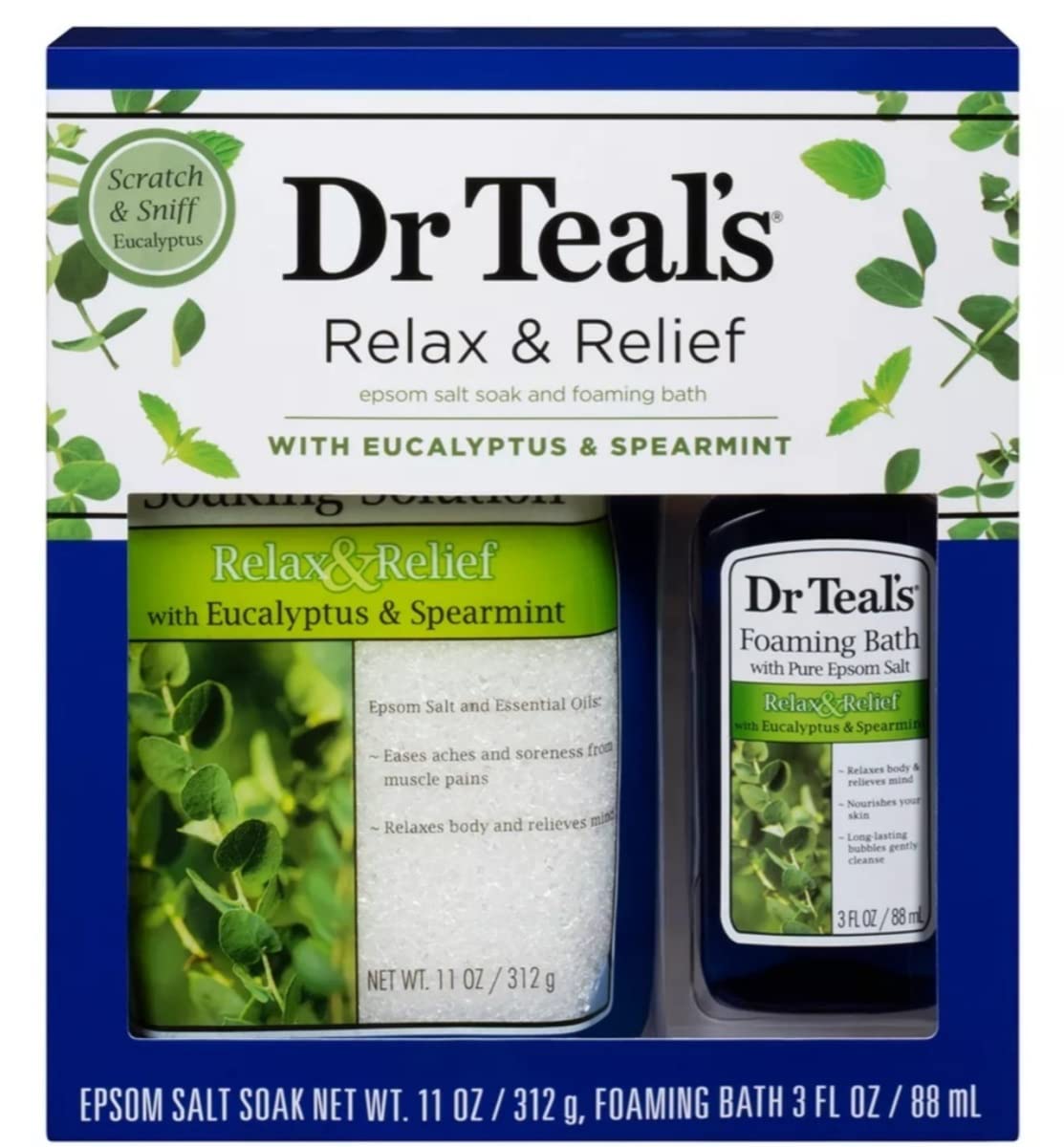 Dr Teal's Eucalyptus Epsom Salt & Foaming Bath Oil Sampler Gift Set - Give The Gift of Rejuvenation & Self Care! - 14 oz Bag of Eucalyptus Bath Salts & 3 oz Bottle of Eucalyptus Foaming Bath Oil