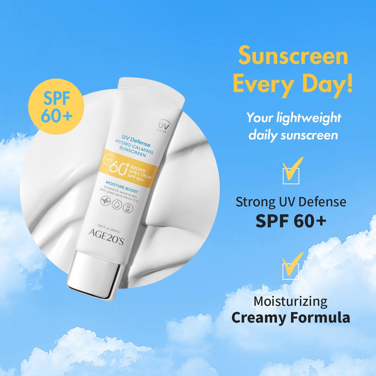AGE20'S UV Defense Hydro Calming Sunscreen SPF 60+ - Lightweight, Moisturizing Formula with Green Tea & Aloe Vera | 1.69 fl. oz.