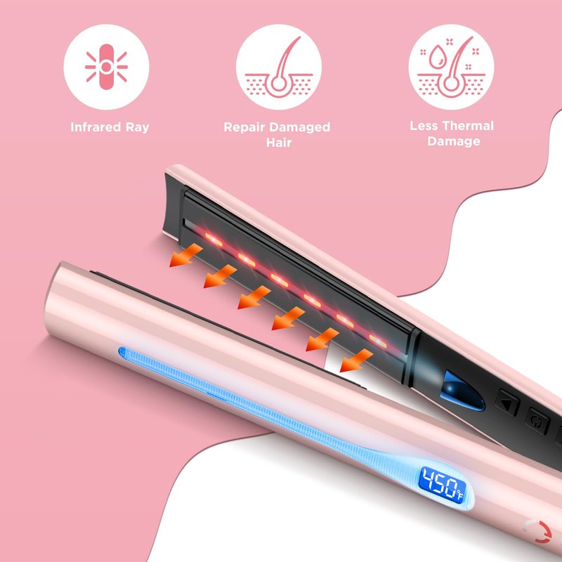 IG INGLAM Titanium Flat Iron Hair Straightener, Infrared Curling Iron 1 Inch,Negative Ionic Dual Voltage Straightener 11 Adjust Temp 250°F to 450°F, Anti-Frizz Shiny Hair,110-240V, Gift, Pink