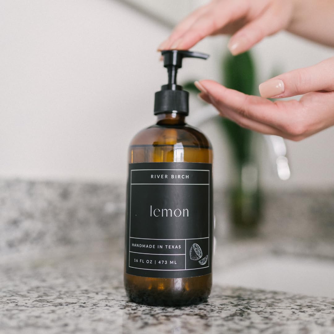 Lemon Scented Natural Hand Soap - Moisturizing Vegan Soap with Amber Glass Dispenser | 16 Fl Oz