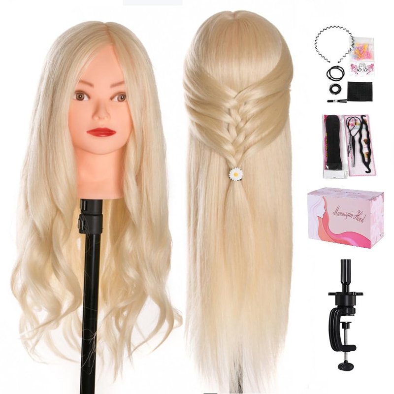 Mannequin Head, Beauty Star 24 Inch Creamy-White Long Hair Styling Training Head Manikin Cosmetology Doll Head with Clamp Stand and Accessories (Suitable for Straightening, Curling, Perming)