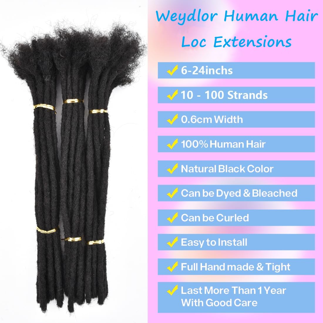 Loc Extensions Human Hair for Women Men Kids 0.6cm Width 16 Inch 30 Strands Natural Black 100% Handmade Permanent Locs Dreadlock Extensions Real Human Hair Can Be Curled and Bleached