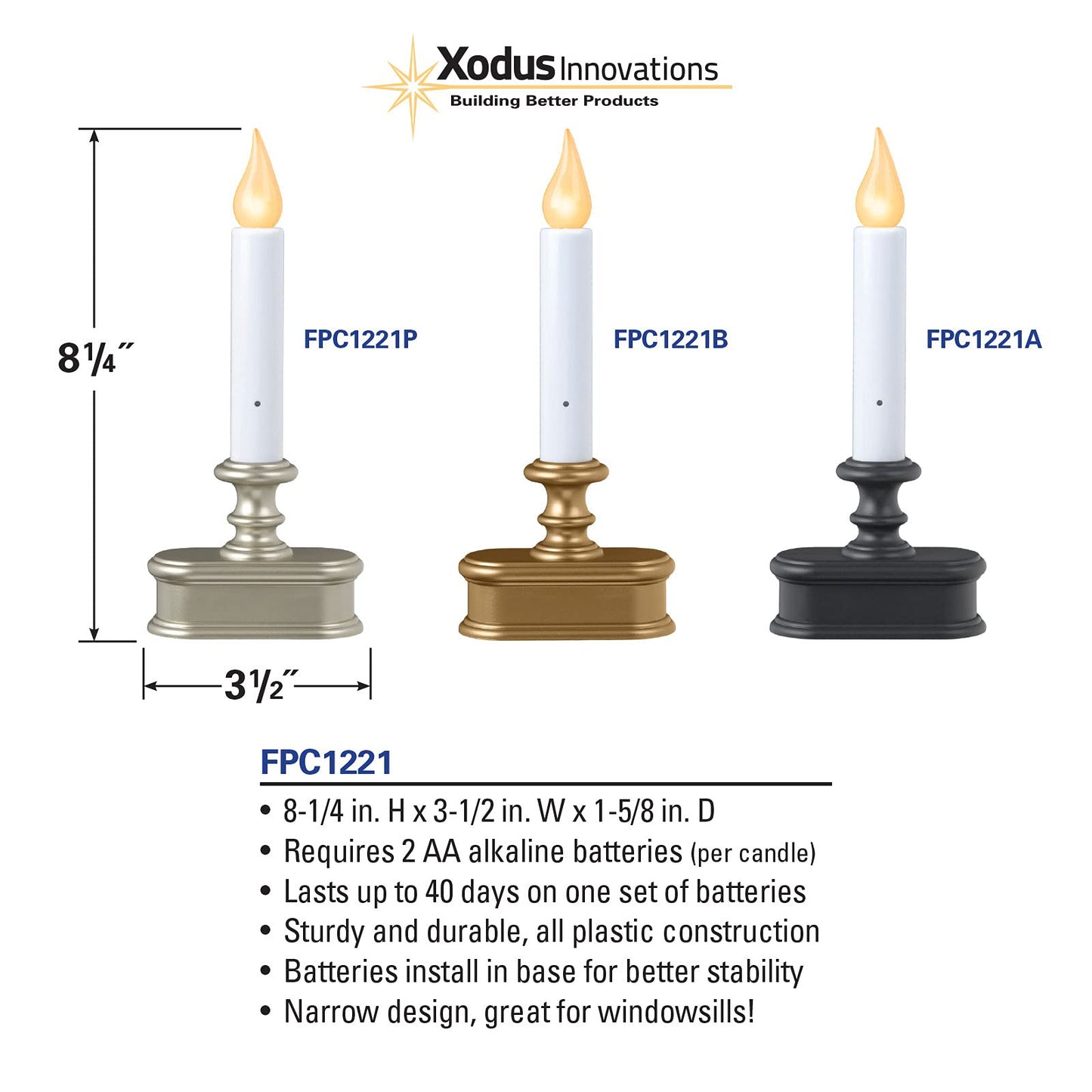 Xodus Innovations FPC1221A 8 inch Battery Operated LED Dusk to Dawn Window Candle with Amber Steady On or Flicker Flame, Black/Antique Bronze
