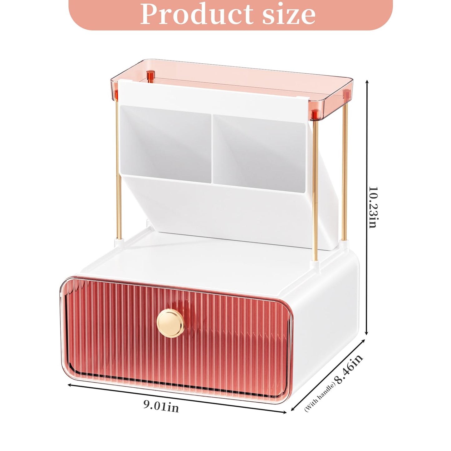 YCIA&DONE Makeup Organizer with Drawers, Shelves, Brush Holders, Countertop Organizer for Bathroom, Vanity, Cabinets, Dresser, 9.01 x 8.46 x 10.23 inches (Pink)