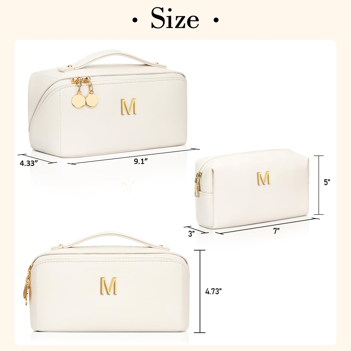 CLOUDWINGS Birthday Gifts for Women Teen Girl, Personalized Initial Makeup Organizer Bag Set, Open Flat Travel Cosmetic Bag With Clear Divider and Handle(Beige,M)