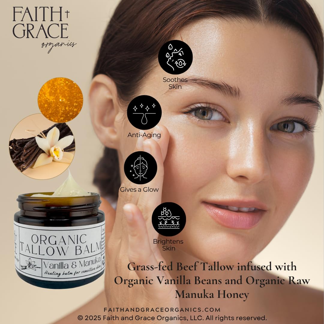 Beef Tallow Balm for Skin - Organic Moisturizer with Vanilla & Manuka Honey | 2 oz All-Purpose Cream