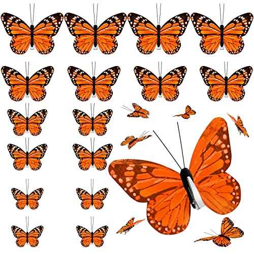 24 Pcs Monarch Butterfly Decorations Monarch Butterfly Hair Clips Feather Barrettes Clips Decor Artificial Fake Flying Creatures for Craft Cosplay Wedding Party, 4 Sizes(Orange)