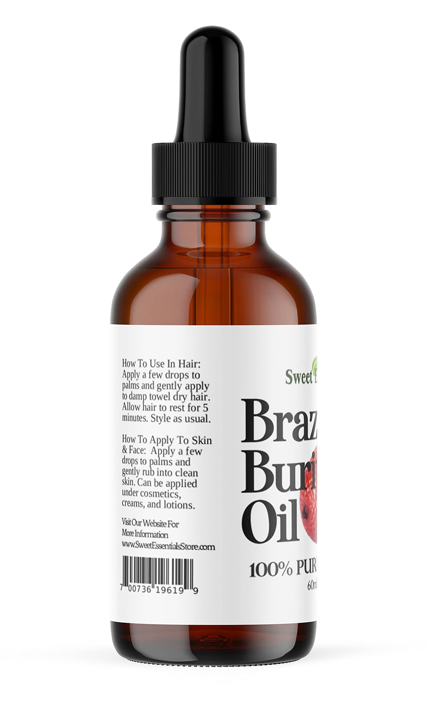 Sweet Essentials 100% Organic Buriti (Aguaje) Fruit Oil | Imported From Brazil | 2oz Glass Bottle With Glass Dropper | 100% Pure | Cold-Pressed | Natural Moisturizer for Skin, Hair and Face